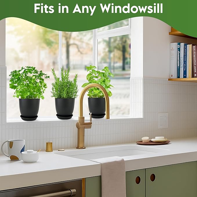 Indoor Garden Kit - Plant Pots with Drainage, Watering Can & Tools - Ideal Windowsill Planter Set - Modern Home & Kitchen Decor Gift - Black