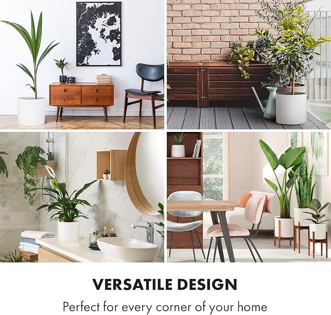 Fox & Fern Matte White Plant Pots with Drainage Plug (Set of 3) — Premium Lightweight Fiberstone 8, 10, and 12 Inch Planters for Indoor and Outdoor Use; Weather Resistant & UV Resistant