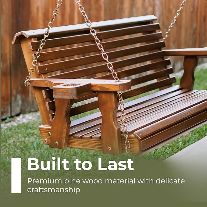 Amish Casual 5 Foot Roll Back Heavy Duty Wooden Porch Swing with Cup Holders in Cedar Stain - Amish Made in The USA from Treated Pine, Outdoor Hanging Bench Swing with 700 Lb. Weight Capacity