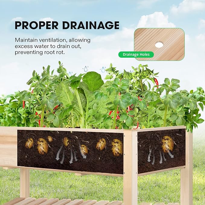 VIVOSUN Elevated Wooden Raised Garden Bed, 46 x 24 x 32 Inches, Mobile Outdoor Planter Box with Storage Shelf and Protective Liner for Outdoor Use, with Lockable Wheels