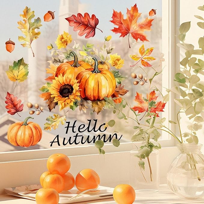 1 Sheet Pumpkin Window Clings Fall Window Clings for Glass Windows Double-Sided Hello Autumn Maple Leaf Flower Pumpkin Window Stickers for Glass Windows Decoration for Party Home Shop Decorations