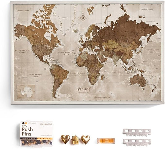 Canvas World Map with Cork Pin Board - English Lettering - Decorative Wall Decoration for All Rooms - Canvas Pictures with World Map Motif (120x80 cm, Pattern 17)