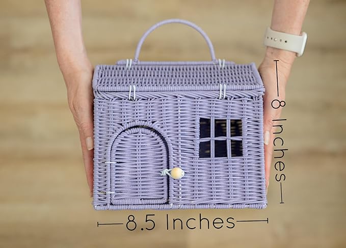 Rool Rattan House Shaped Basket Wicker Small Dollhouse Gift for Girls, Boho Toys, Mouse in a Box House, Little Girl Purse Clutch, Doll Carrier (Purple)