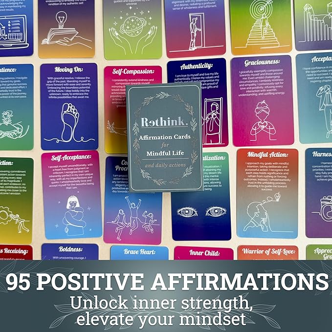 QUOKKA Rethink 95 Positive Affirmation Cards for Mindfulness | Inspirational Motivational Cards for Women, Men, Teens for Stress Anxiety Relief and Mental Wellness | Durable Self Care Card Set