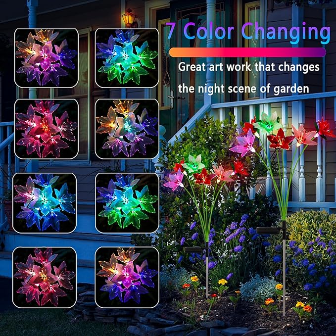 Solar Garden Lights, 2 Pack New Upgraded Solar Swaying Lights with 12 Flowers Solar Lights for Outside Garden Yard Decor Outdoor Waterproof, Gardening Birthday Gifts for Women Mom Grandma, White & Red