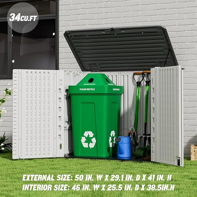 Outdoor Patio Storage Shed,Waterproof Horizontal Outdoor Storage Cabinet for Garbage Cans,Tools and Lawnmower Lockable(34 Cu.ft-Warm-White)