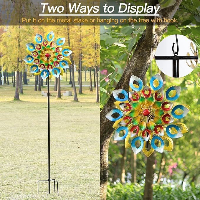 Yard Garden Wind Spinners with Stake - Large Outdoor Metal Wind Spinners, Lawn Yard Art Garden Decor (24" W x 84" H)