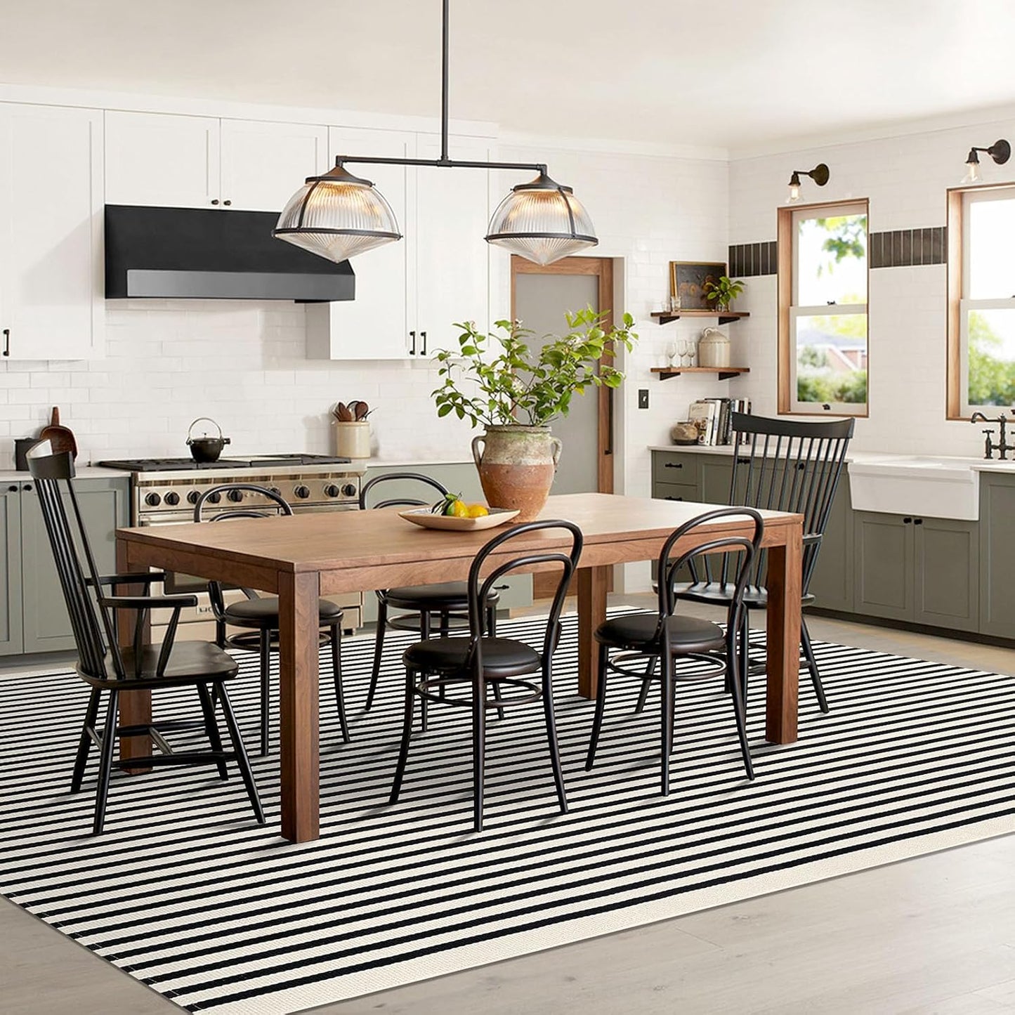 IOHOUZE Black Beige Striped Rug -8'x10' Indoor Outdoor Rug, Washable Area Rug for Living Room, Large Patio Rug, Cotton Striped Rugs for Patio Living Room Bedroom