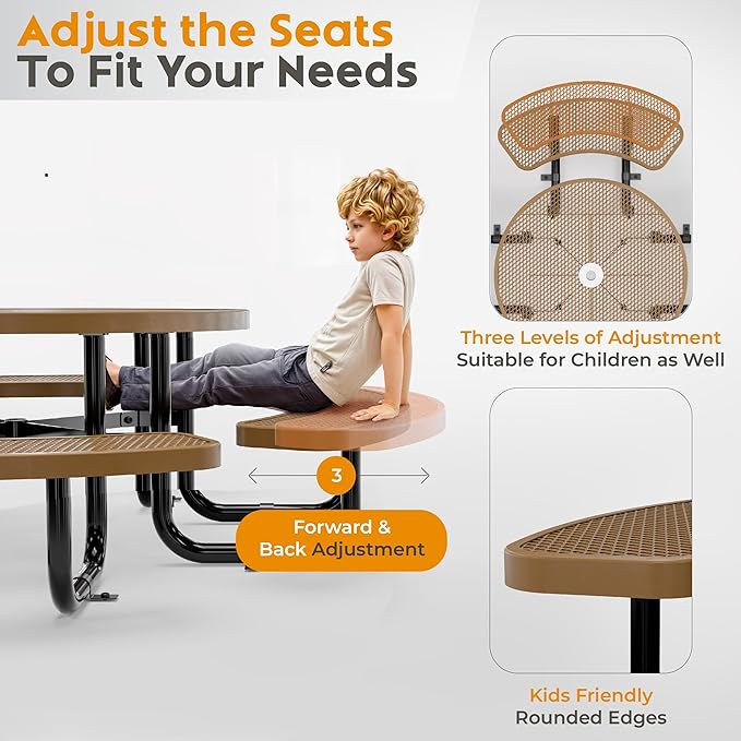 Metal Picnic Tables for Kids for Outdoors with Umbrella Hole - Coated Steel Heavy Duty Commercial Grade Table with Adjustable Seats (Brown, 38 in, Kids, Expanded Steel)