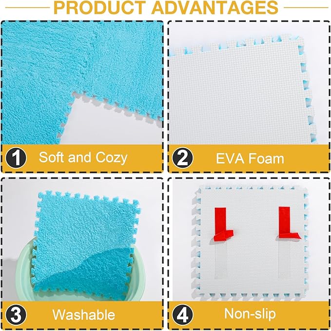 12 Pcs Plush Interlocking Carpet Tiles, Non-Toxic Foam Carpet Tiles for Toddler Baby, Machine-Washable, Anti-Slip, EVA Foam Interlocking Tiles for Floor, Nursery, Playroom, Blue