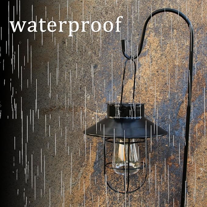 2 Pack Solar Lanterns ,Outdoor Waterproof Solar Lamp with Shepherd Hook, Metal Edison Bulb Lights Gifts for Gifts for Women/Mom Garden Outdoor Pathway Decor (Black)