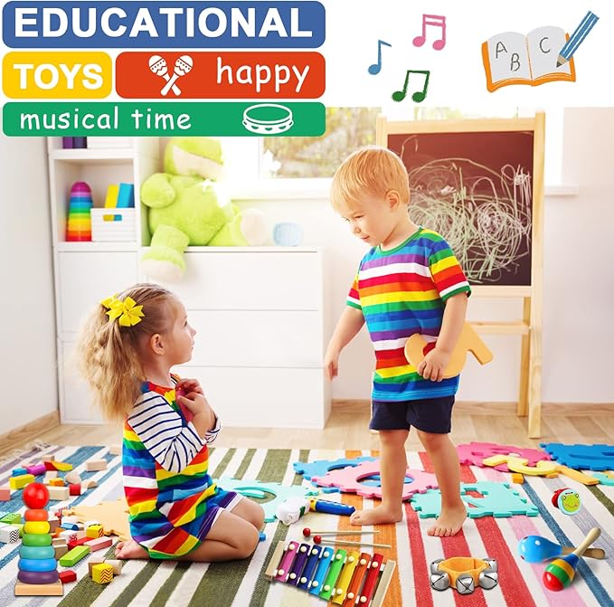 LOOIKOOS Toddler Musical Instruments Set Wooden Percussion Instruments Toy for Kids Baby Preschool Educational Musical Toys for Boys and Girls with Storage Bag