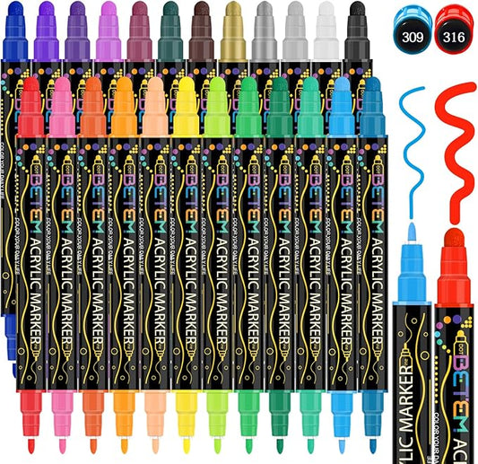 Betem 24 Colors Dual Tip Acrylic Paint Pens Markers, Premium Acrylic Paint Pens for Halloween Decorations, Wood, Canvas, Stone, Rock Painting, Glass, Ceramic Surfaces, Pumpkin Painting Kit DIY Crafts