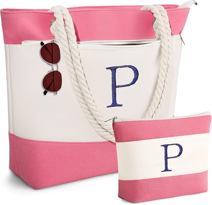YOOLIFE Beach Bags for Women - Initial Tote Waterproof Bag with Makeup Bag, Mothers Day Gifts for Women Mom Friend Birthday