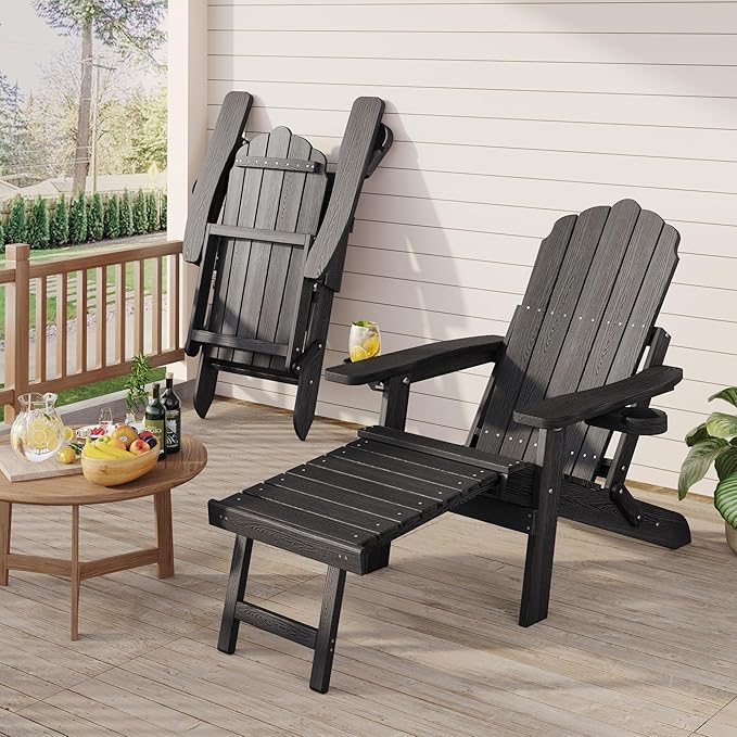 Adjustable Backrest Folding Adirondack Chair Set of 4, Adirondack Chair with Retractable Ottoman, Weather Resistant Fire Pit Chair with 2 Cup Holders, for Porch Backyard Outdoor Lawn, Black