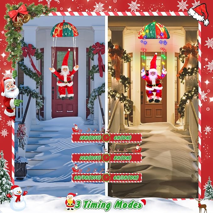 Christmas Decorations Lights, 88 LED Christma Parachute with Santa, 11 Modes Christmas Light Outdoor, Hanging Colourful & Warm White Xmas Lights, Holiday Porch Garden Party Decor