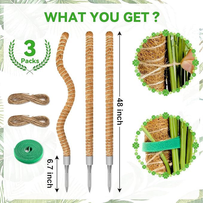 48 Inch Moss Pole, 3 Pack Bendable Moss Pole for Plants Monstera, Climbing Plants Indoor, Support Stakes, Coco Coir Poles, Trellis, Potted Plant Sticks Support