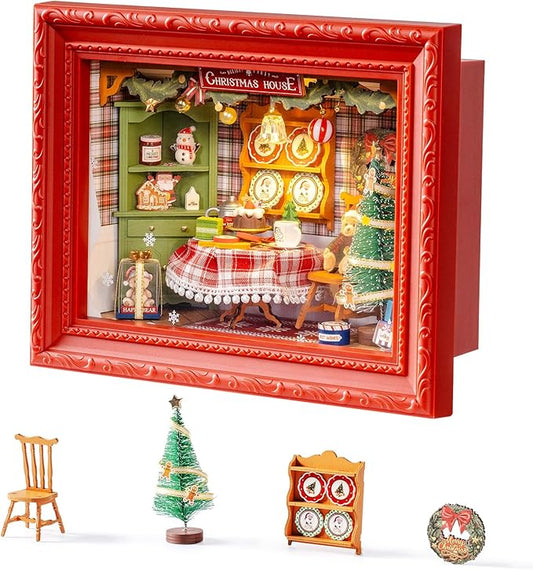 Rolife DIY Miniature House Kit, Mini Wooden Dollhouse Kit for Adults to Build, 3D Shadow Box Frame Home Wall Hanging Decor Diorama Kit, for Girls Women Teens-Christmas Eve Party