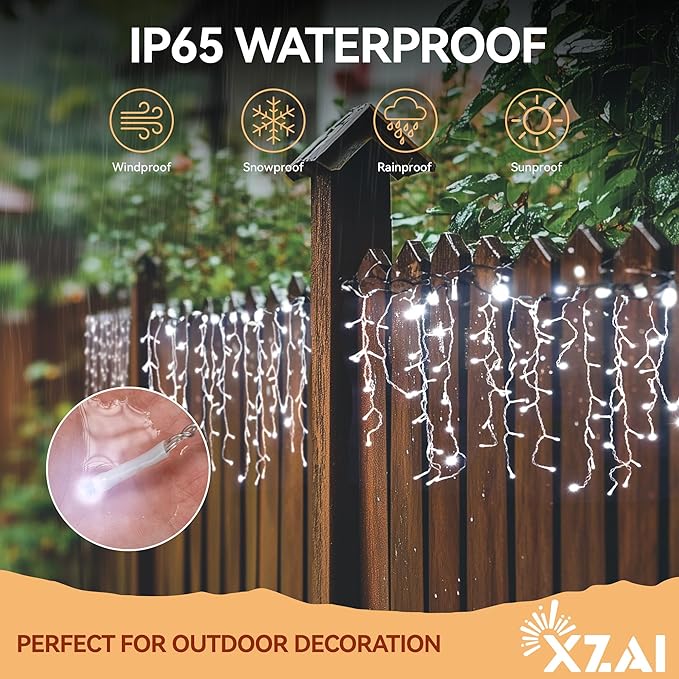XZAI Solar Icicle String Lights 800LED 50FT Cool White Remote Connectable 2400mAh USB Rechargeable 8 Modes Timer Dimmable IP65 Waterproof Twinkle for Outdoor Christmas & Wedding & Party Decors