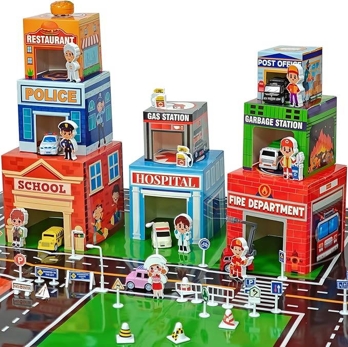 Cinrobiye Community Helpers Sorting and Stacking Set with Wooden Figures Traffic Signs Vehicles Modern City Mat Vehicle Preschool Learning Montessori Game Nesting Boxes for Boys Girls Birthday Gift