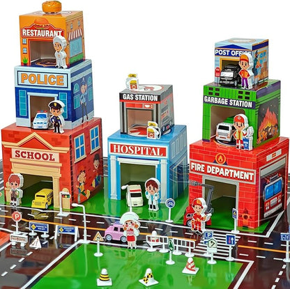 Cinrobiye Community Helpers Sorting and Stacking Set with Wooden Figures Traffic Signs Vehicles Modern City Mat Vehicle Preschool Learning Montessori Game Nesting Boxes for Boys Girls Birthday Gift