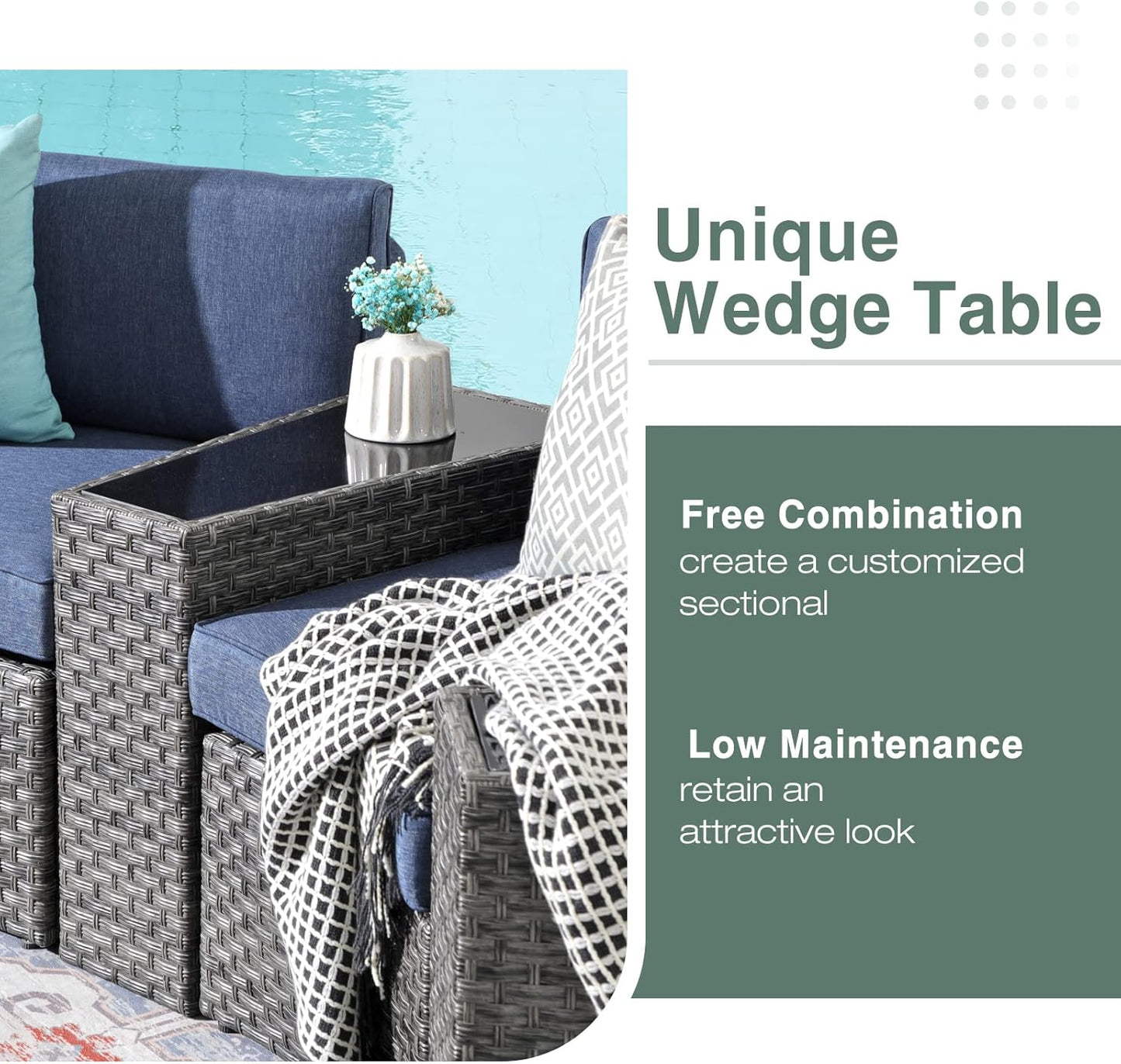 SUNSITT Outdoor Patio Furniture 11-Piece Half-Moon Sectional Round Patio Furniture Set Curved Outdoor Sofa with Tempered Glass Round Coffee Table, 4 Pillows, Grey Rattan & Denim Blue Cushion