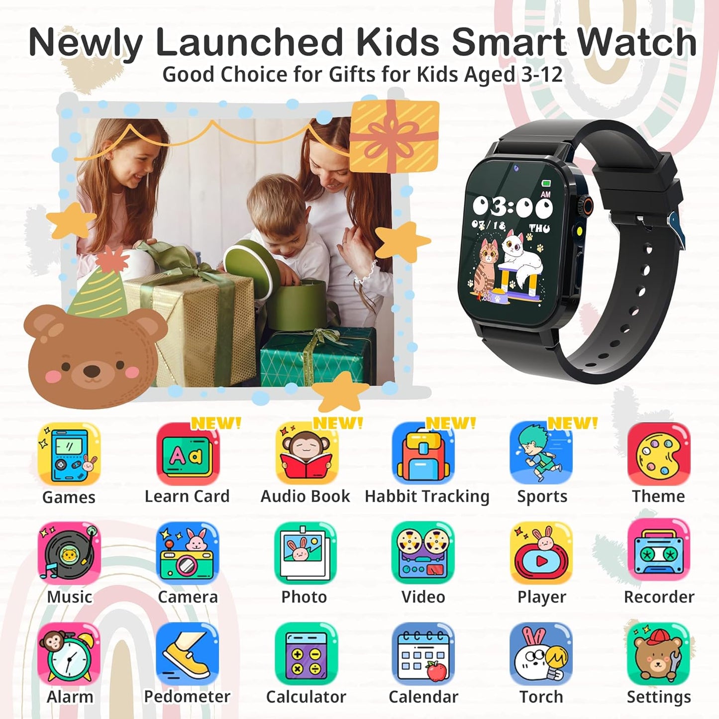 Kids Watch Boys with 32 Games Toys for Ages 5-12 Smart Watch for Kids with HD Touch Screen Video Camera Music Player Pedometer Learn Cards Audiobook, 10 9 8 7 6 5 Year Old Boys Birthday Gifts