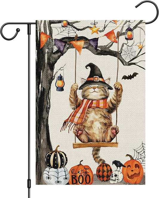 Heyfibro Halloween Cute Cat Swing Garden Flags 12 x 18 Inch Vertical Double Sided Burlap, Pumpkin Skull Bat Yard Flag for Seasonal Fall Thanksgiving Farmhouse Decoration(ONLY FLAG)