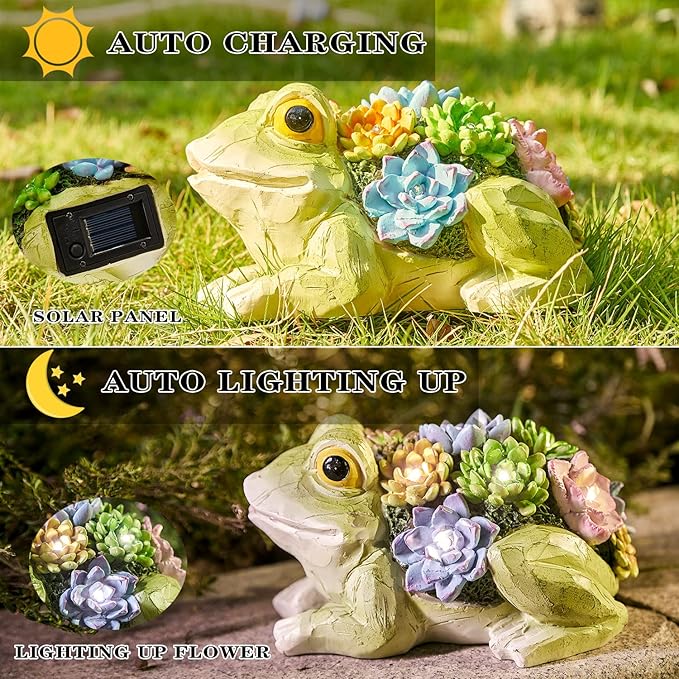 pearlstar Garden Statues, Frog Solar Statue Garden Decor Clearance, Cute Resin Frog Figurines with 7 LED Solar Lights Lawn Decorations for Patio Yard Gifts for Mom Grandma Housewarming