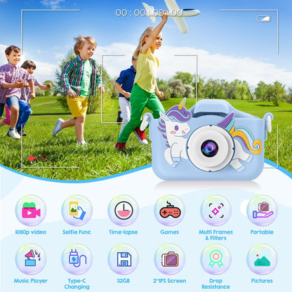 Kids Camera, Toys for Toddlers Age 3-8 Year Old Girl Christmas Birthday Gifts, Children Digital Camera with Cartoon Soft Silicone Cover and 32GB Card (Azure)