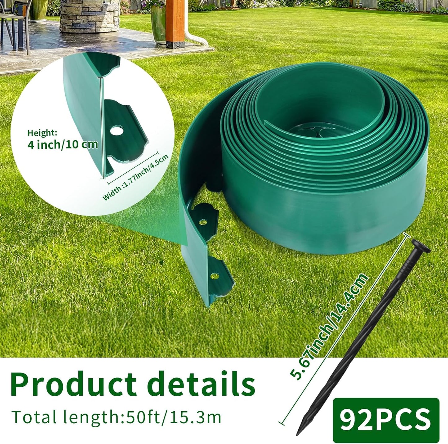 4 in x 50 Ft Garden Landscape Edging, No Dig Garden Edging Border Kit with 92 Pcs Spikes for Flower Bed Lawn Yard Grass Green