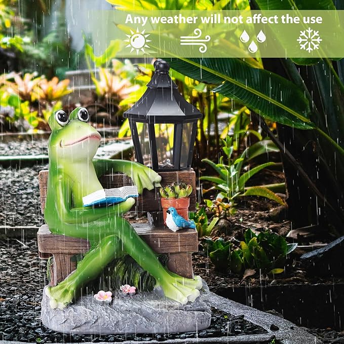 Outdoor Resin Reading Frog Statues, Solar Frog Garden Statues, Garden Frogs Outdoor Decor for Lawn, Balcony, Yard Decoration, Frog Gifts for Mom, Grandma, Wife