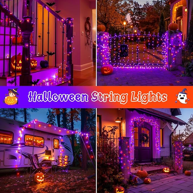 2 Pack Orange and Purple Halloween Lights, Total 151ft 400 LED Halloween Solar Lights Outdoor,8 Modes Solar String Lights Outdoor Waterproof