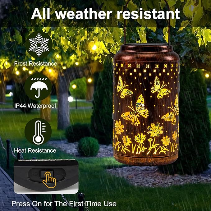 pearlstar Butterfly Lantern Outdoor Solar Hanging Lantern Lights Decorative Solar Light Waterproof for Table Patio Yard Garden Lawn Landscape Lighting, Gardening Gifts for Women Mon (A-Butterfly)