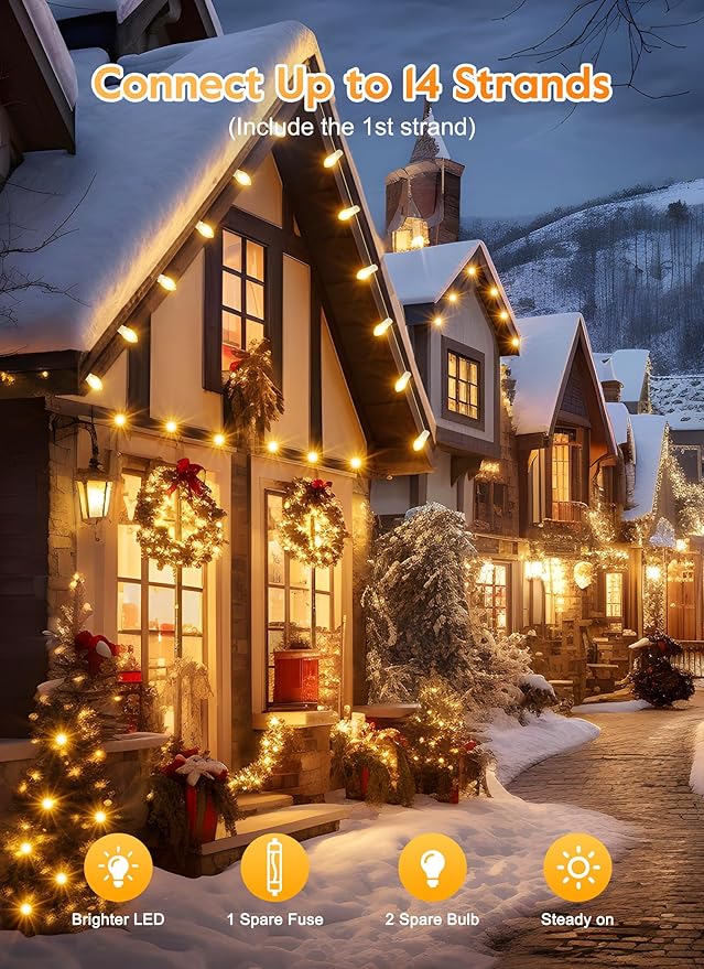 Vintage C9 LED Christmas Lights Outdoor, 50Ft C9 String with 50 Shatterproof Colorful Bulbs, Waterproof Connectable Christmas Tree Lights for Roofline Holiday Garden Party Xmas Decorations