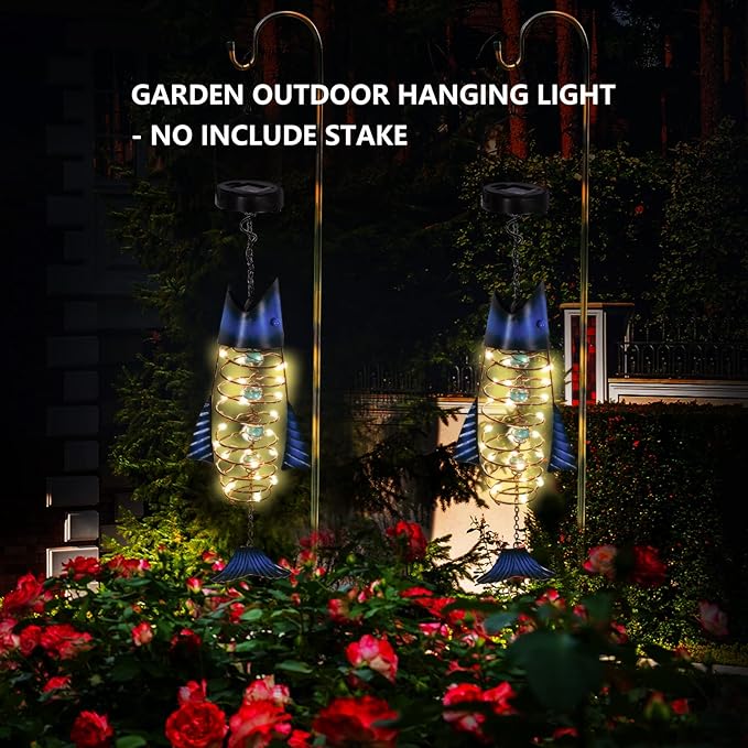 Outdoor Lights for Patio Garden Decor - Metal Solar Fish Hanging Decoration - Solar Lamp Decorative Yard Art - Pretty Nice Lantern for Man Woman Holiday Gift Ideas | Waterproof Warm LED Lighting