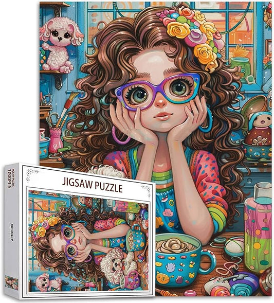 Tucocoo Lovely Little Girl Jigsaw Puzzle 1000 Pieces Puzzles for Adults, Cute Poodle Dog Art Jigsaw Puzzles for Challenging Family Activity Games 27 x 20 inch Colorful DIY Puzzle for Home Decor Gifts