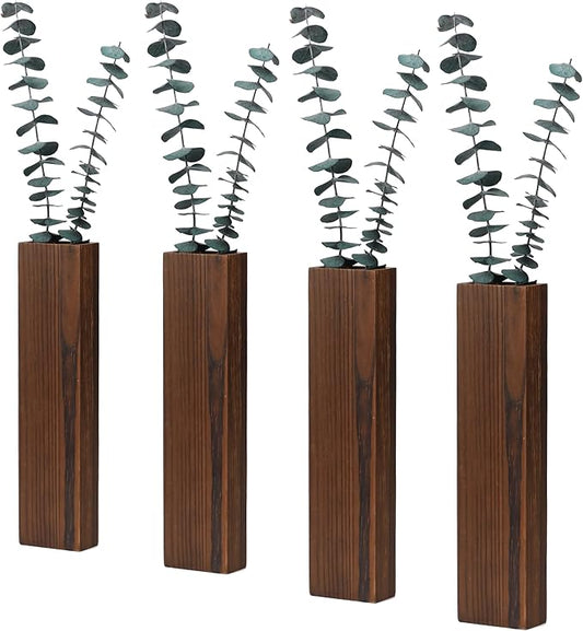 Wood Wall Planter 4 Pack Wall Decor for Artificial Flower Plants Wooden Plants Holders Wall Plant Pocket Vase Hanging for Living Room Bedroom Dining Room Bathroom Indoor Decroation (Dark Brown)