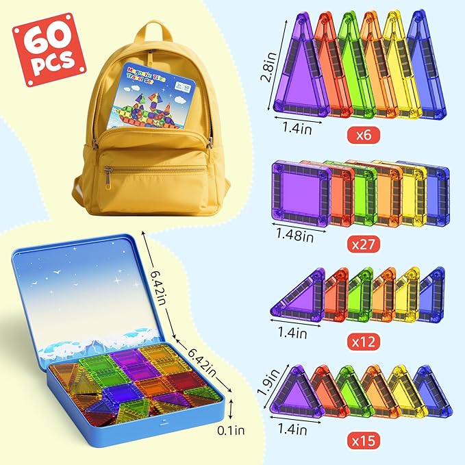 60PCS Mini Magnetic Tiles Travel Set with Metal Storage Box, Magnetic Blocks Kids Toy 3D Clear Magnetictiles Road Trip ‌Essentials Montessori Preschool Classroom Must Haves Xmars Gift for Age 3+