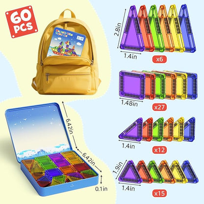 60PCS Mini Magnetic Tiles Travel Set with Metal Storage Box, Magnetic Blocks Kids Toy 3D Clear Magnetictiles Road Trip ‌Essentials Montessori Preschool Classroom Must Haves Xmars Gift for Age 3+