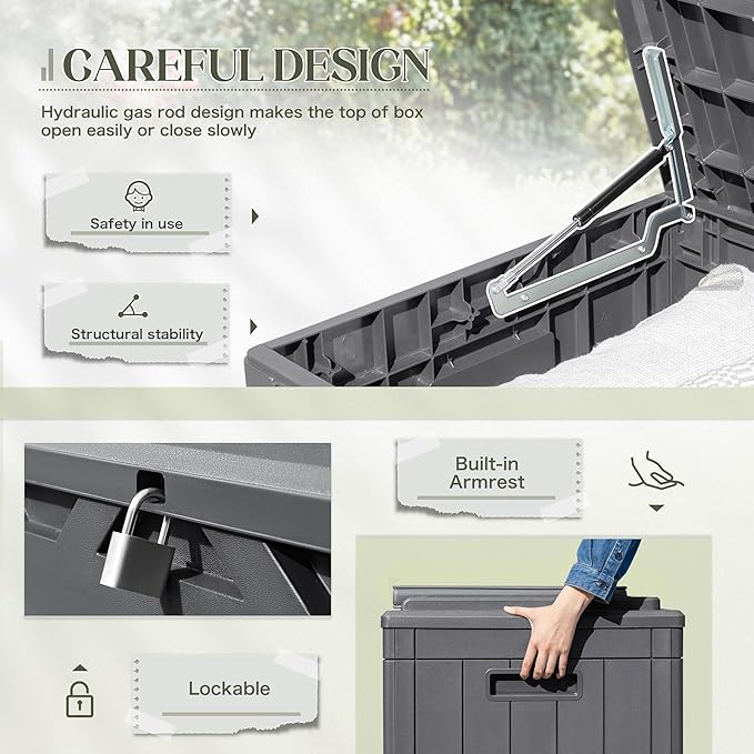 Greesum 100 Gallon Resin Deck Box Large Outdoor Storage with Cushions for Patio Furniture, Garden Tools, Pool Supplies, Weatherproof and UV Resistant, Lockable,Gray