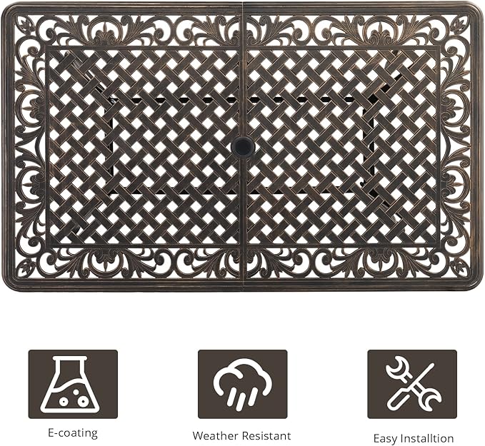 Outvita 59inch Patio Dinning Table, Outdoor Cast Aluminum Large Rectangle Table with Umbrella Hole and Antique Design for Backyard Pool Balcony Deck