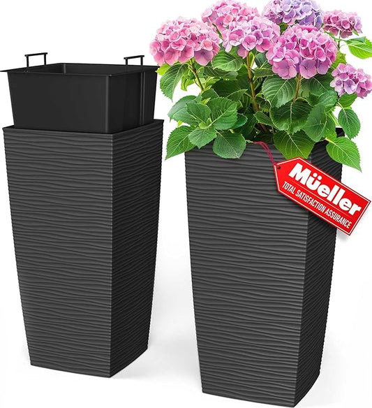 Mueller M-Resin Heavy Duty Tall Planter, Indoor/Outdoor Grande Plant, Tree, Flower Pot, 2-Piece Set, 24”, Modern Design, Built-in Drainage, Dark Gray
