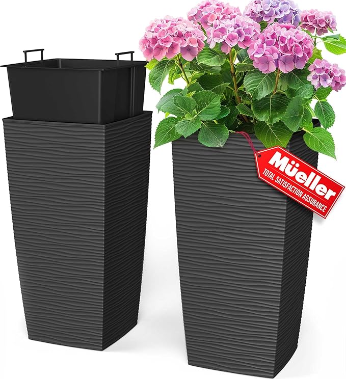 Mueller M-Resin Heavy Duty Tall Planter, Indoor/Outdoor Grande Plant, Tree, Flower Pot, 2-Piece Set, 24”, Modern Design, Built-in Drainage, Dark Gray
