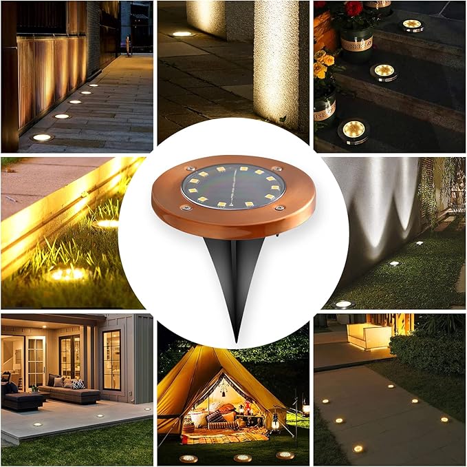 Outdoor In-Ground Lights Solar Disc Lights Outdoor Solar Garden Lights In Ground Solar Landscape Light 8 Pack 12 led for Pathway Yard Patio Walkway(Bronze, 8 Pack)
