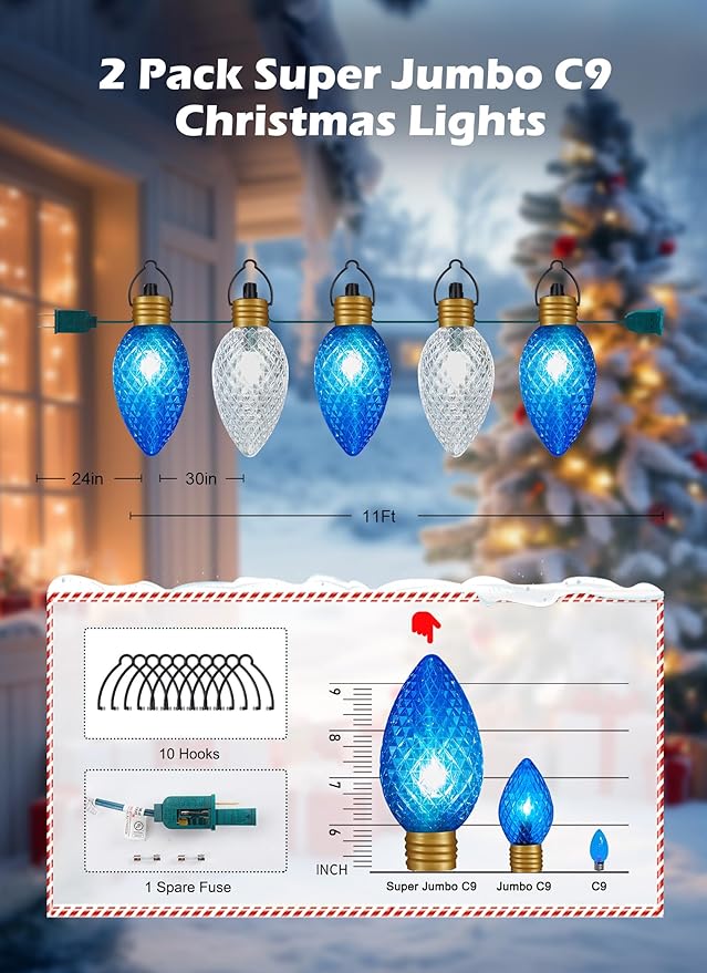 2 Pack 11Feet 5 LED Super Jumbo Christmas String Lights or Pathway Marker Lights, Outdoor Xmas Decorations- Jumbo C9 Hanging Lights Waterproof Lawn Dec for Holiday Home Tree Roof Yard, Blue ＆ White