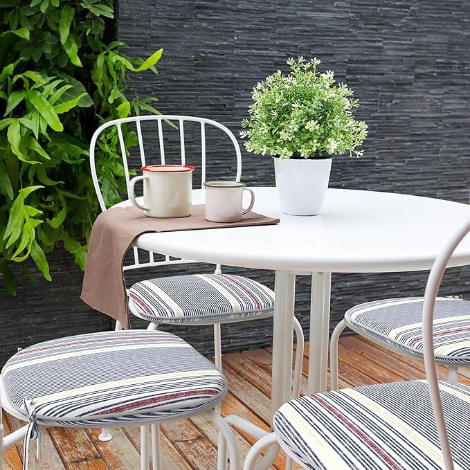 Indoor/Outdoor Chair Cushions 16x17 Inch, Patio Chair Cushions with Ties, All Weather Seat Cushions for Patio Furniture Home Garden Chair Use, Set of 4, Stripe Denim Blue