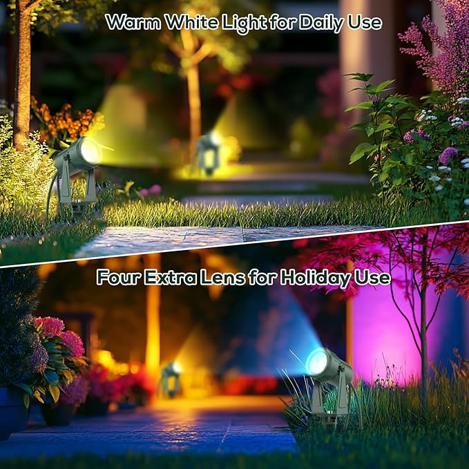 SUNTHIN Outdoor Landscape Lighting, 4 Pack Outdoor Spot Lights with 4 Colorful Lens and Power Supply, Green Shell, IP65 Waterproof & Connectable