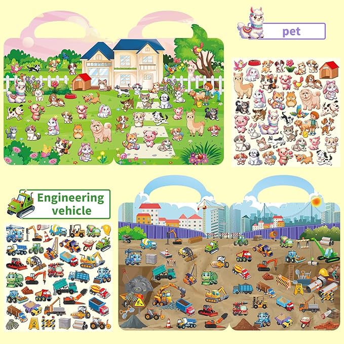 6 Set Reusable Sticker Books for Toddlers 3-5, Kids 3D Puffy Stickers (Dinosaurs, Forest, Town, Pets, Construction, Insects), Sticker Activity Books