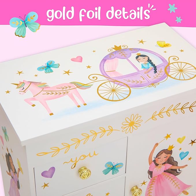 Giggle & Honey Princess Musical Jewelry Box for Girls - Kids Music Box with Drawers, Fairytale Gifts for Girls Birthday, Princess Jewelry Boxes for Ages 3-10 - 9 x 5 x 9.3 in, White